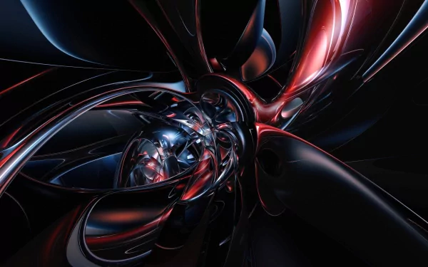 HD PC desktop wallpaper featuring an artistic 3D abstract design with smooth, reflective surfaces in dark and red tones creating a futuristic, immersive scene.