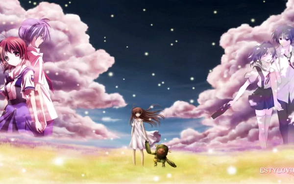 HD anime desktop wallpaper featuring Tomoya Okazaki and Nagisa Furukawa from Clannad, with a Junk Robot and a girl from the Illusionary World under a starry sky and pink clouds.