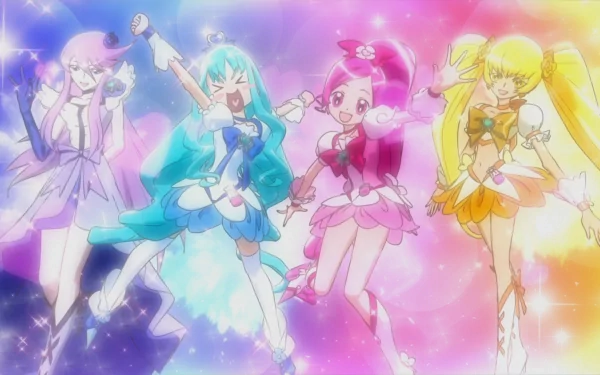 HD anime desktop wallpaper featuring the vibrant Pretty Cure! characters in colorful costumes striking dynamic poses against a sparkling, pastel gradient background.