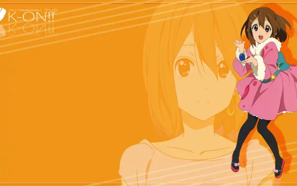 HD PC desktop wallpaper featuring an anime character from K-ON! with an orange background and stylized text elements.