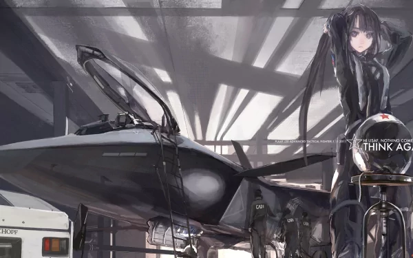A striking HD anime wallpaper featuring a character beside a sleek aircraft in a dimly lit hangar, showcasing detailed art inspired by Pixiv Fantasia.