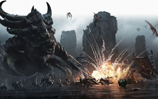 HD PC desktop wallpaper from the video game StarCraft II: Heart of the Swarm — colossal Zerg creatures assault a ruined city; explosions and flying units fill the dark battlefield.