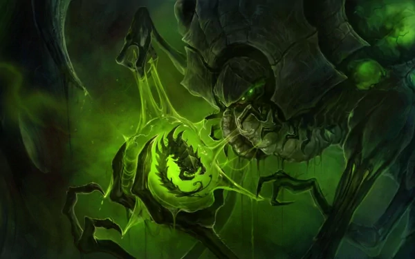 HD PC desktop wallpaper featuring dark, eerie art from the video game StarCraft II: Heart of the Swarm with a glowing green, alien-like creature and skull motif.