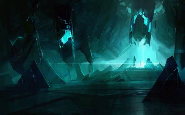 An HD desktop wallpaper depicting a mysterious, dark cavern illuminated by glowing blue elements, inspired by the video game StarCraft II: Heart of the Swarm.