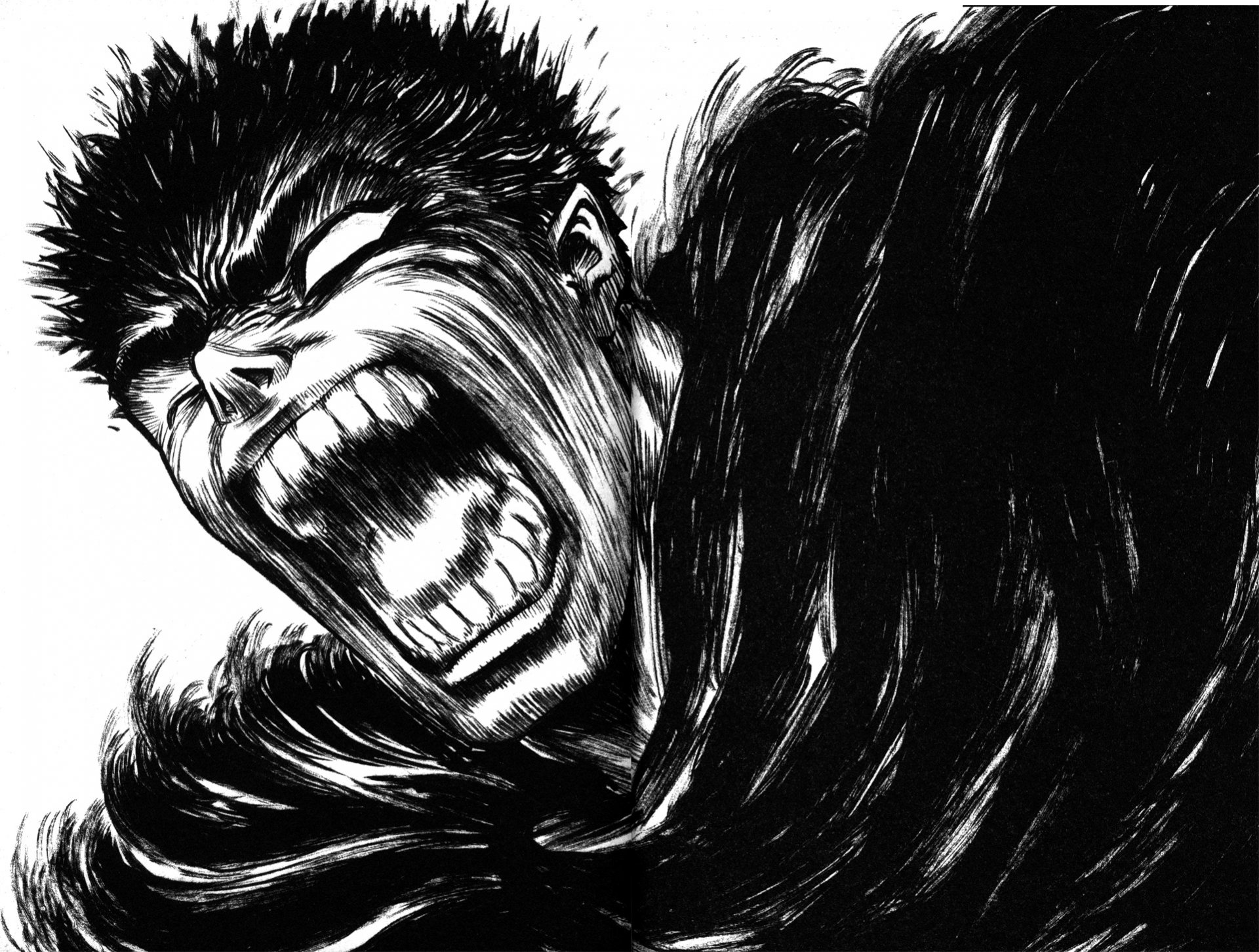HD desktop wallpaper featuring Guts from the anime Berserk, showcasing a powerful, intense expression as he roars, surrounded by dramatic black and white imagery.