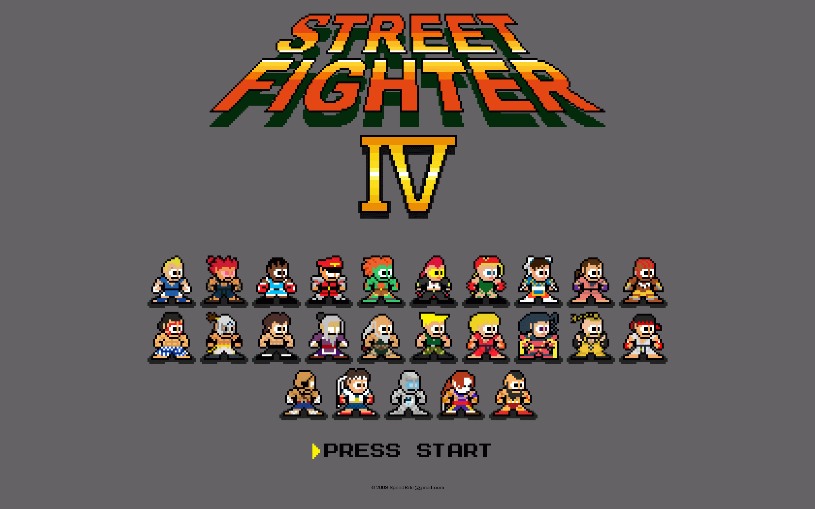 Street Fighter IV HD PC desktop wallpaper featuring pixel art characters from the video game arranged below the game's logo on a gray background.