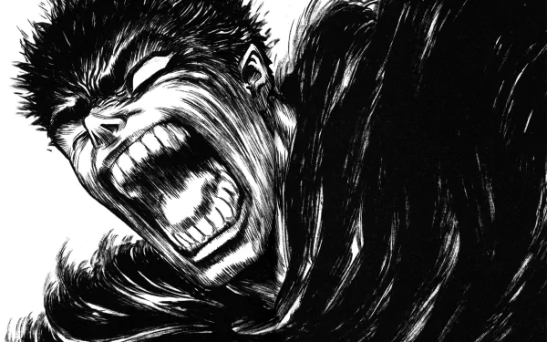 HD desktop wallpaper featuring Guts from the anime Berserk, showcasing a powerful, intense expression as he roars, surrounded by dramatic black and white imagery.
