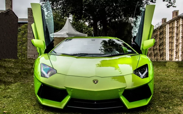 Front view of a vibrant green Lamborghini Aventador with its scissor doors open, captured in a high-resolution 4K Ultra HD wallpaper.
