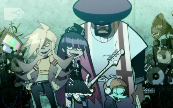 HD PC wallpaper featuring Chuck, Garterbelt, Stocking Anarchy, and Panty Anarchy from Panty & Stocking with Garterbelt, styled with a Gorillaz-inspired anime aesthetic.