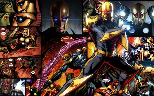 HD PC desktop wallpaper featuring Nova from Marvel Comics in dynamic comic-style panels showcasing action and intensity.