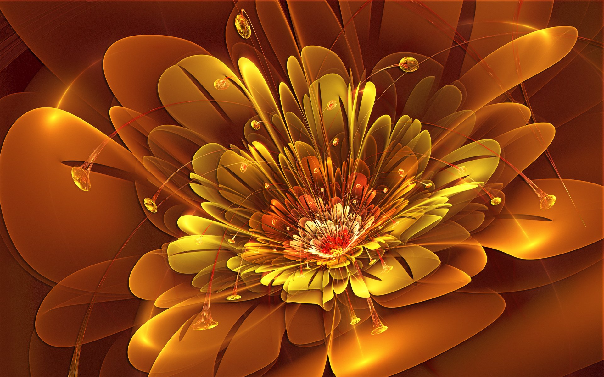 A vibrant, abstract fractal flower featuring golden hues and intricate petals, designed as a high-definition desktop wallpaper and background.