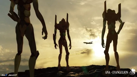 Three Evangelion units—Unit-00, Unit-01, and Unit-02—stand against a dramatic sunset, showcasing a striking scene from the anime Neon Genesis Evangelion in high-definition.