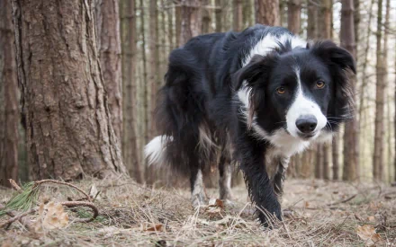 A border collie walks through a serene forest setting, surrounded by tall trees and fallen leaves, captured in a high-definition desktop wallpaper.