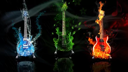 A vibrant HD wallpaper featuring three guitars, each surrounded by elemental effects: water, leaves, and fire, blending music and nature in a striking visual display.