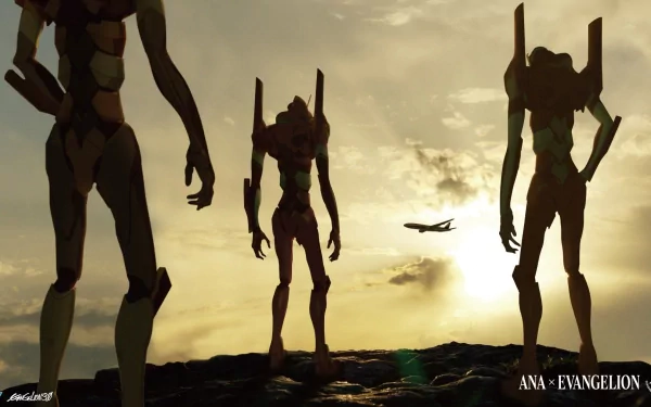 Three Evangelion units—Unit-00, Unit-01, and Unit-02—stand against a dramatic sunset, showcasing a striking scene from the anime Neon Genesis Evangelion in high-definition.