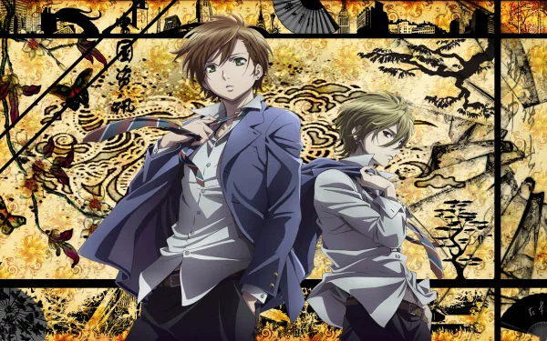 An HD desktop wallpaper featuring Mahiro Fuwa and Yoshino Takigawa from the anime Zetsuen no Tempest, set against a striking background with intricate designs.