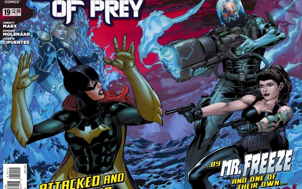 A vibrant HD wallpaper featuring the comic Birds of Prey, showcasing Batgirl and characters facing Mr. Freeze with dynamic action and bold colors.
