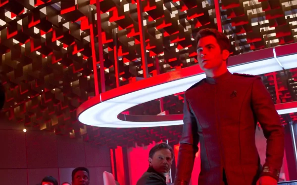 HD PC desktop wallpaper featuring a scene from the movie Star Trek Into Darkness with characters set against a futuristic, red-lit background.
