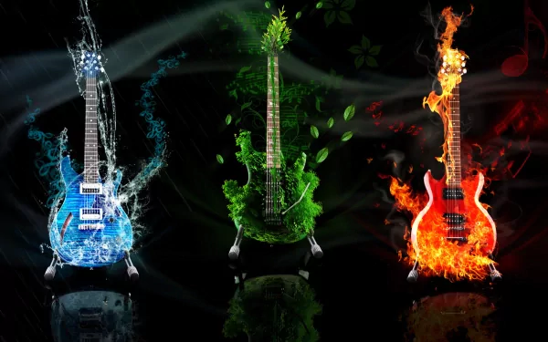 A vibrant HD wallpaper featuring three guitars, each surrounded by elemental effects: water, leaves, and fire, blending music and nature in a striking visual display.