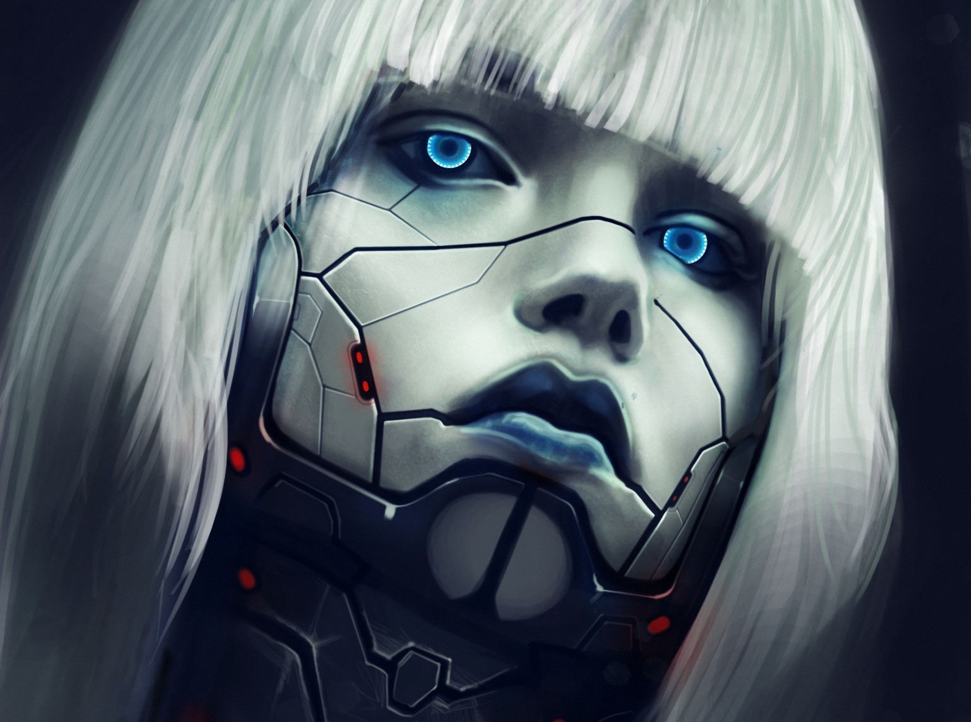 A futuristic woman with silver hair and intense blue eyes, partially covered in sleek robotic armor. This vivid sci-fi image serves as an engaging HD wallpaper background.