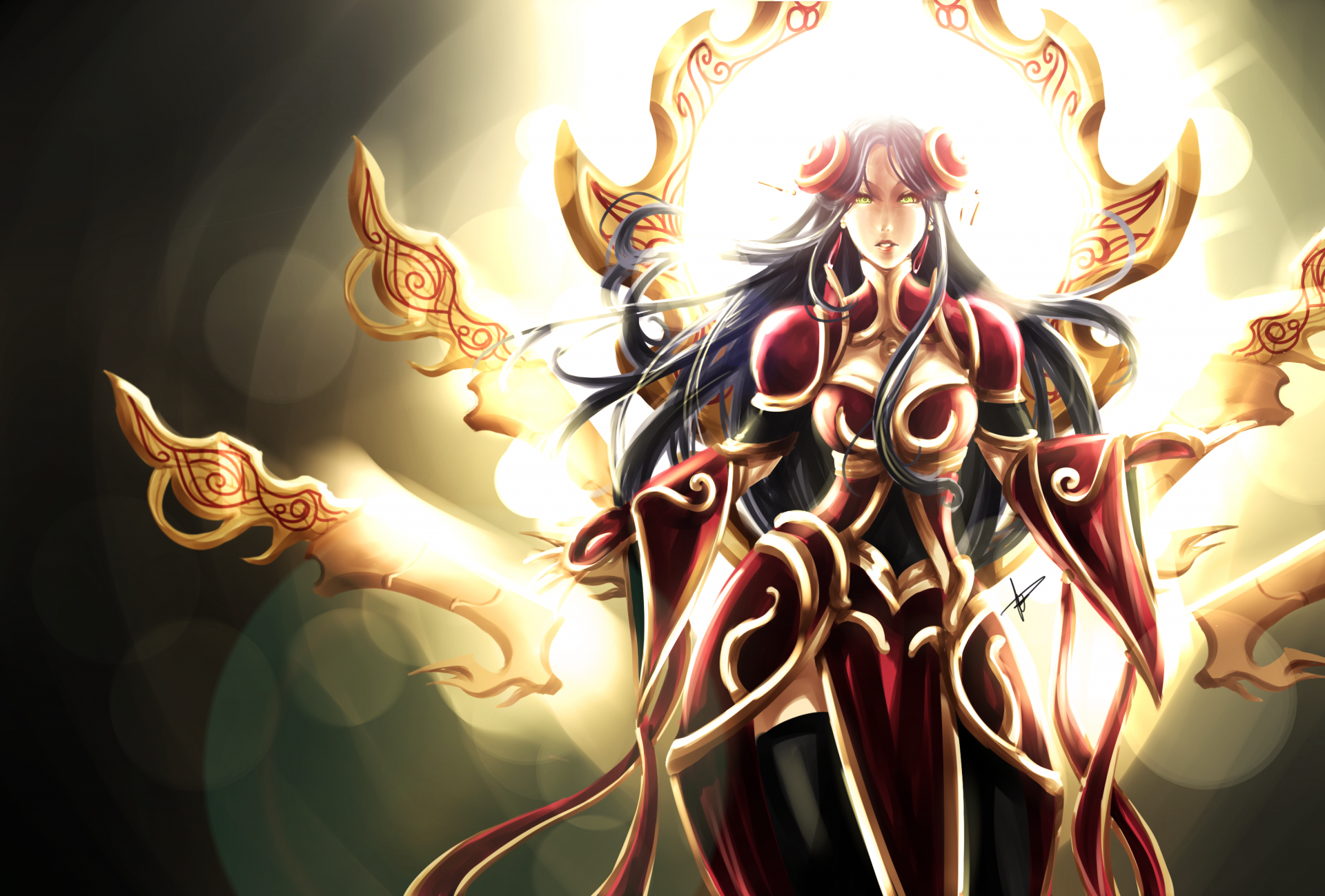 Irelia (League of Legends) in red-gold armor with glowing floating blades and halo — stylized 2K Quad HD PC desktop wallpaper background (video game).