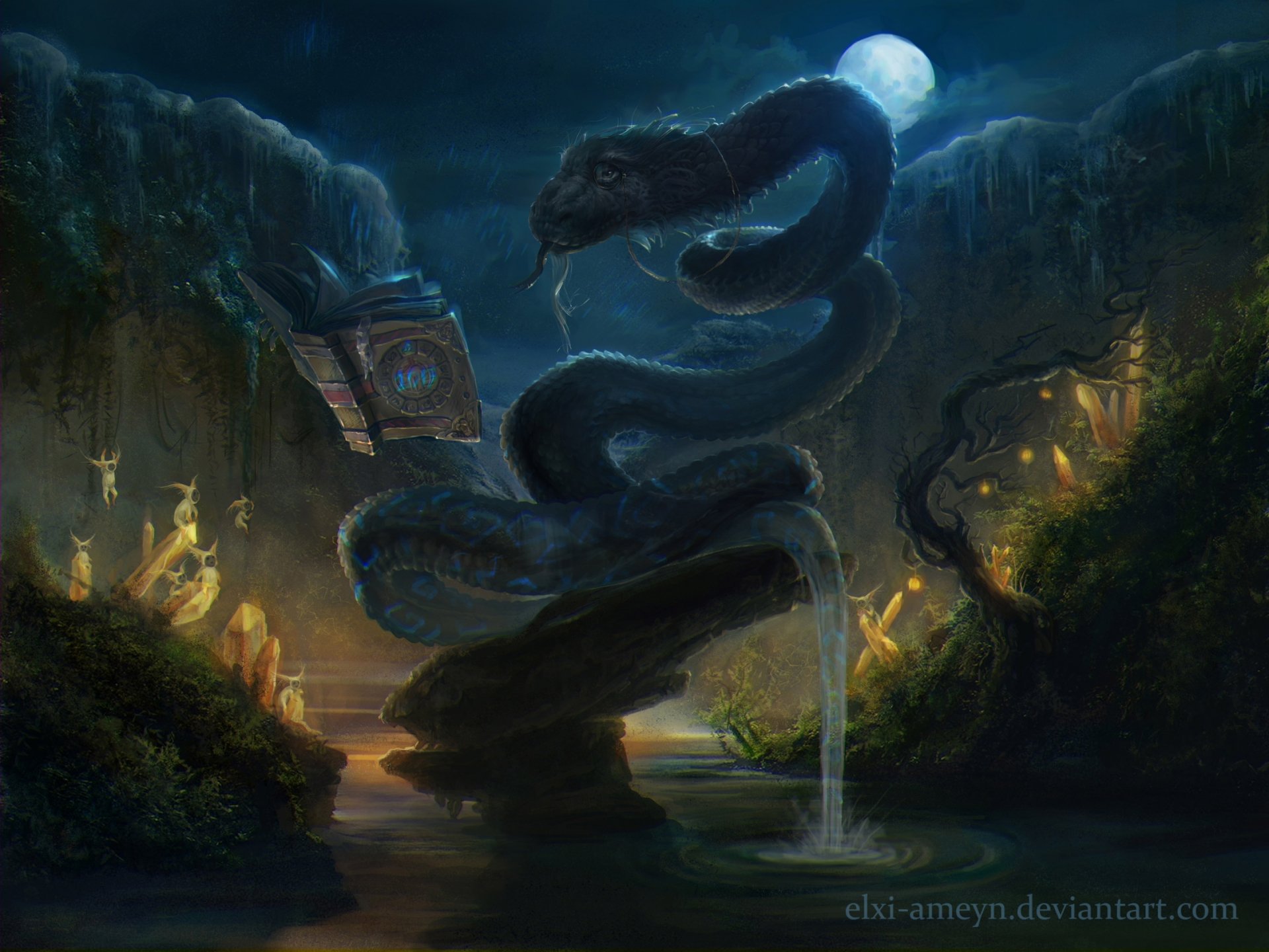 A captivating fantasy scene featuring a serpent-like creature coiled around a stone, with ethereal lighting and mystical elements, creating an enchanting atmosphere for a desktop wallpaper.