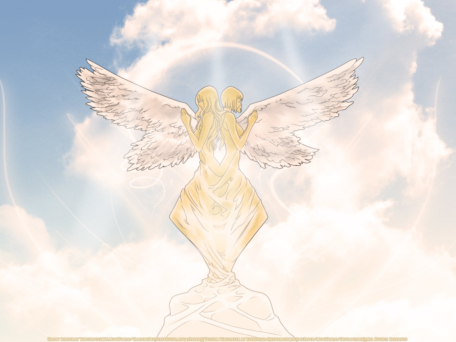 Anime — Claymore HD PC desktop wallpaper: luminous angelic figure with broad wings and halo, back to viewer, standing on a rocky outcrop among glowing clouds and soft sunlight.