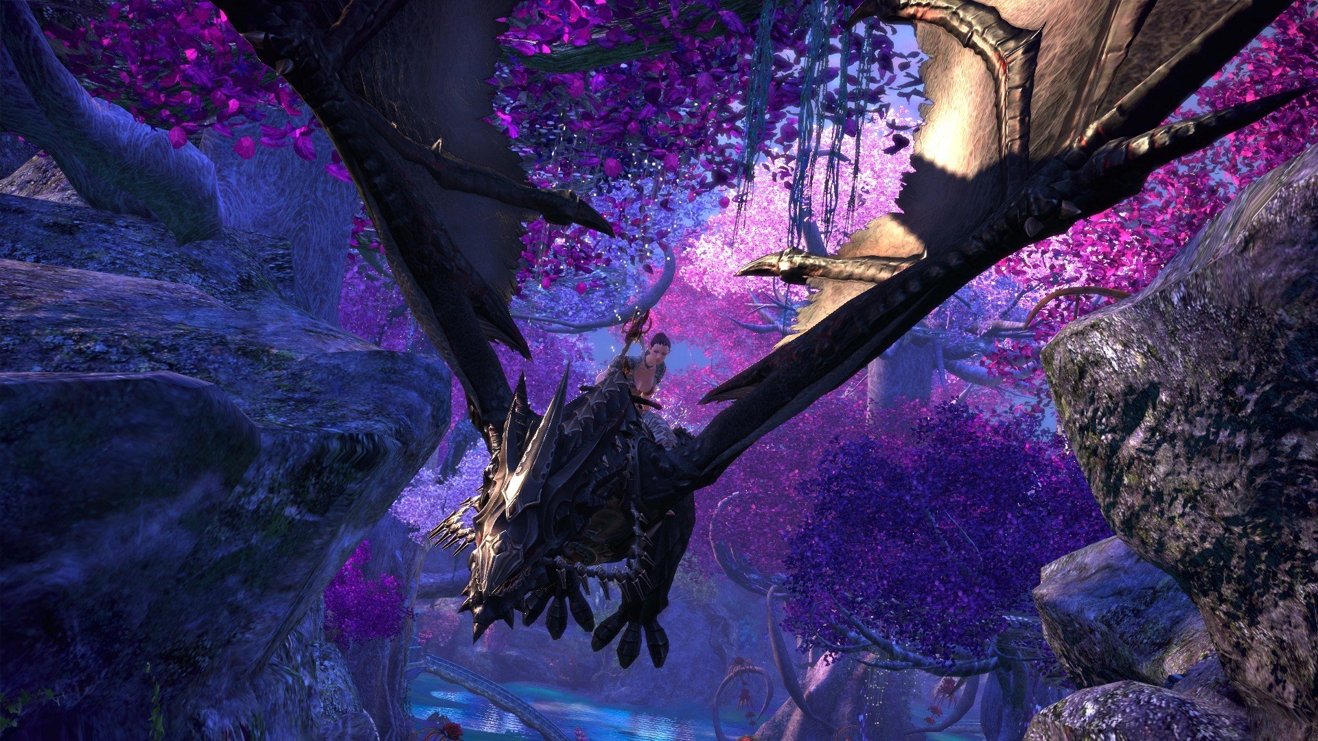 HD PC desktop wallpaper from the video game Tera: a rider on a dragon-like mount soaring through a glowing purple forest.