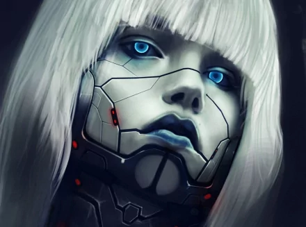 A futuristic woman with silver hair and intense blue eyes, partially covered in sleek robotic armor. This vivid sci-fi image serves as an engaging HD wallpaper background.
