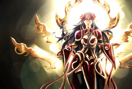 Irelia (League of Legends) in red-gold armor with glowing floating blades and halo — stylized 2K Quad HD PC desktop wallpaper background (video game).
