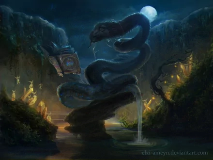 A captivating fantasy scene featuring a serpent-like creature coiled around a stone, with ethereal lighting and mystical elements, creating an enchanting atmosphere for a desktop wallpaper.