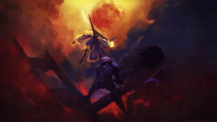 A dynamic HD desktop wallpaper featuring Berserker and Saber from Fate/Zero, set against a fiery, dramatic background that captures the essence of the Fate series.