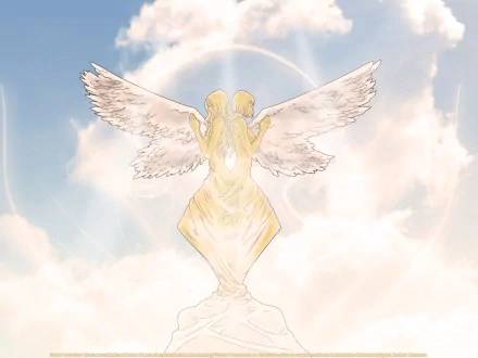 Anime — Claymore HD PC desktop wallpaper: luminous angelic figure with broad wings and halo, back to viewer, standing on a rocky outcrop among glowing clouds and soft sunlight.