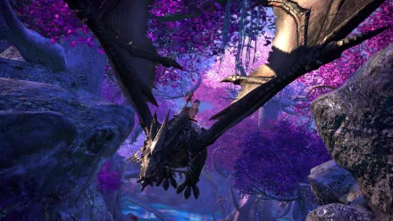 HD PC desktop wallpaper from the video game Tera: a rider on a dragon-like mount soaring through a glowing purple forest.
