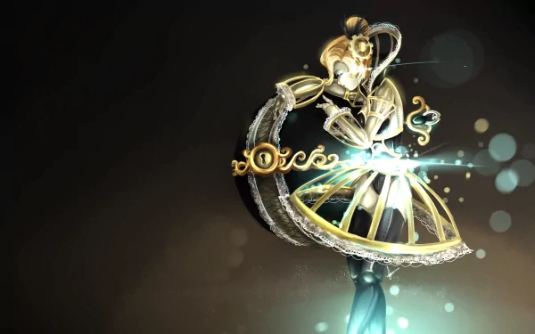 Orianna from League of Legends in a glowing clockwork dress with her orb and floating gears, stylized 2K Quad HD video game PC desktop wallpaper.
