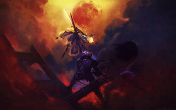 A dynamic HD desktop wallpaper featuring Berserker and Saber from Fate/Zero, set against a fiery, dramatic background that captures the essence of the Fate series.