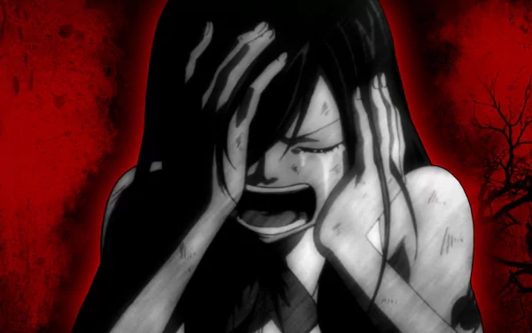 A high-definition wallpaper featuring Erza Scarlet from Fairy Tail, illustrated in a sad, blood-covered state against a red background. This intense anime artwork captures deep emotions and dramatic tones.
