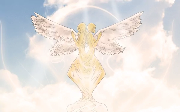 Anime — Claymore HD PC desktop wallpaper: luminous angelic figure with broad wings and halo, back to viewer, standing on a rocky outcrop among glowing clouds and soft sunlight.