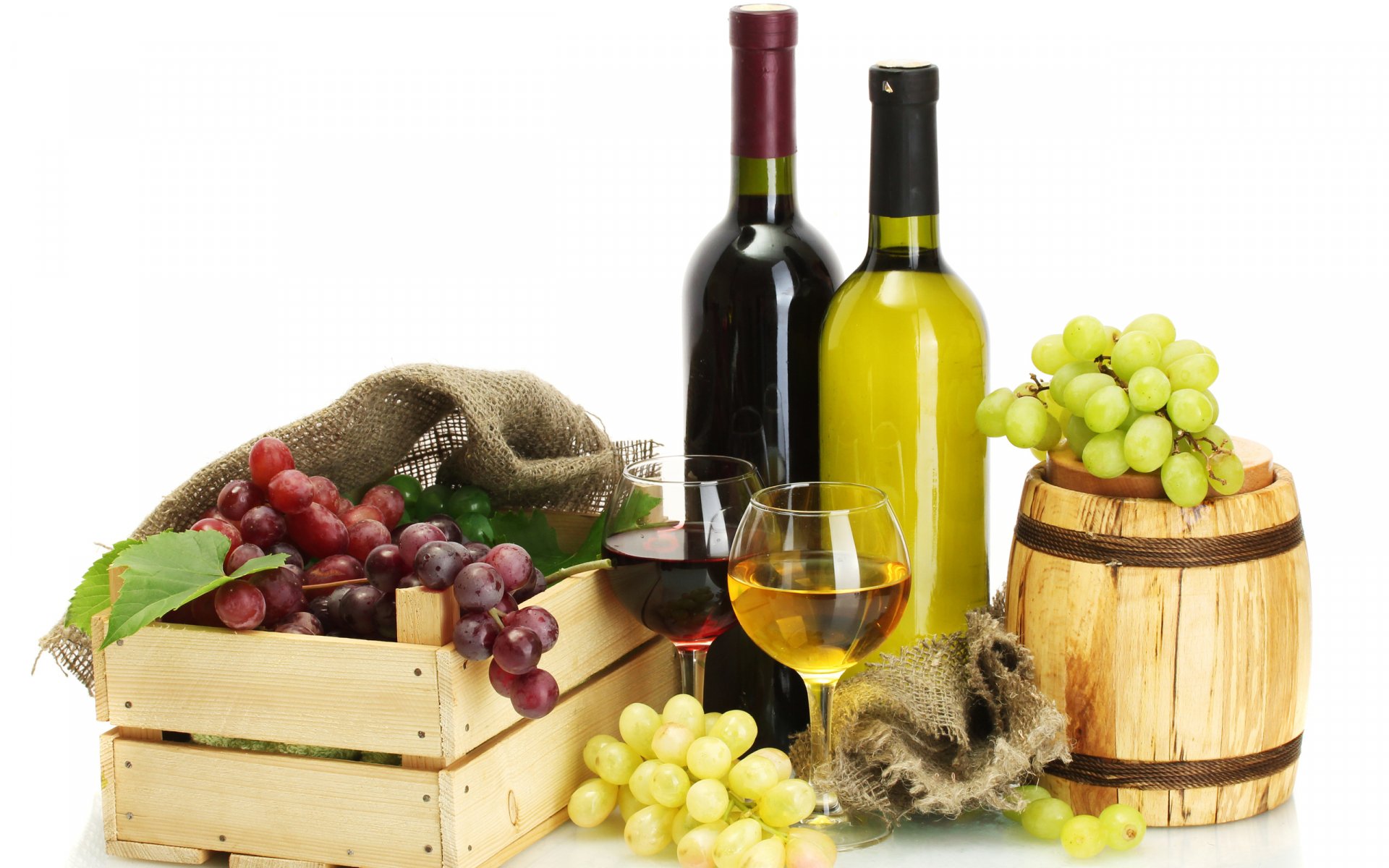 HD desktop wallpaper featuring food and wine with bottles of red and white wine, glasses filled with wine, fresh grapes, and a small wooden barrel on a white background.
