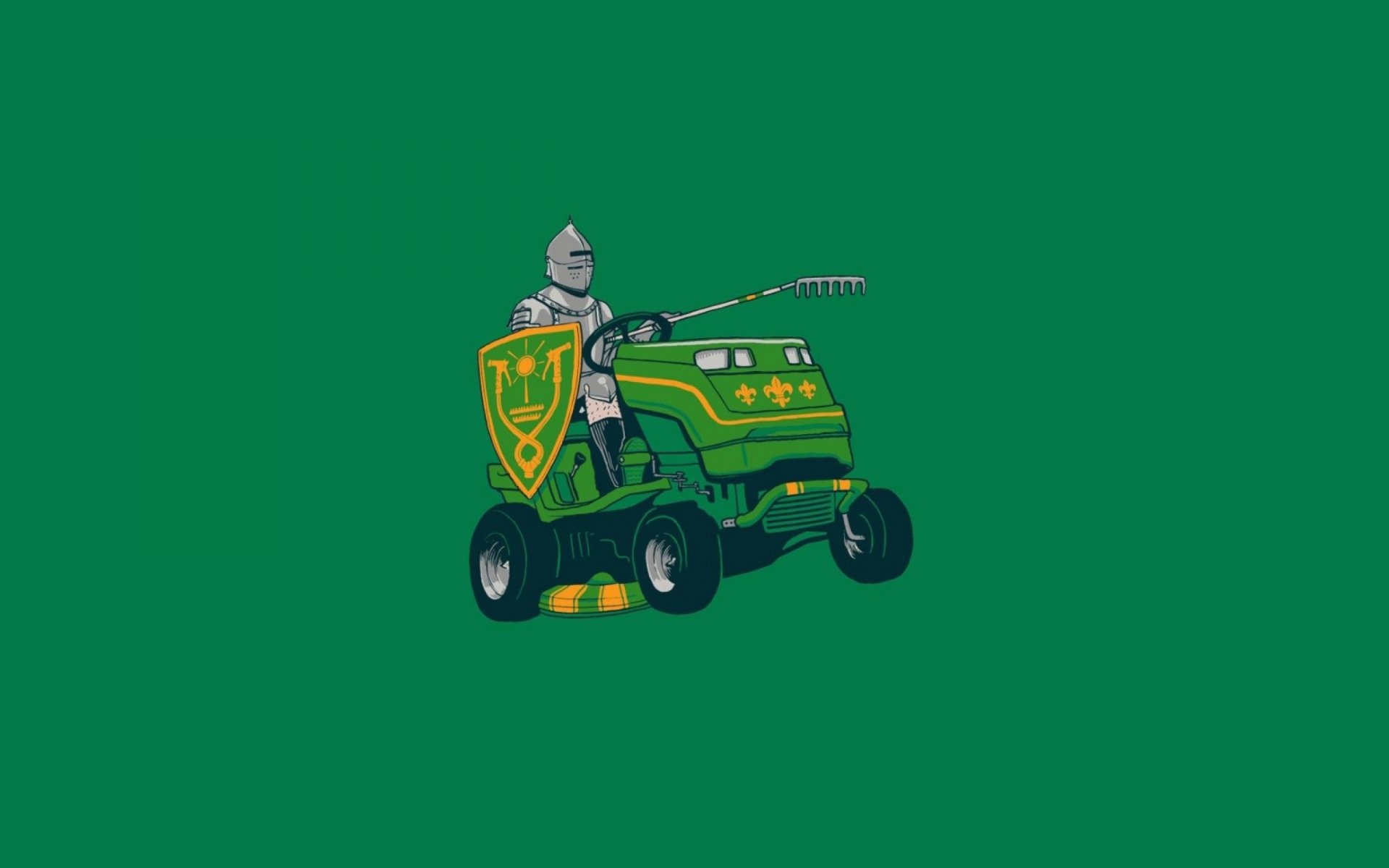 Funny, fun art 2K Quad HD PC desktop wallpaper and background: a knight in full armor riding an armored green lawnmower, shield and lance, on a solid green field.