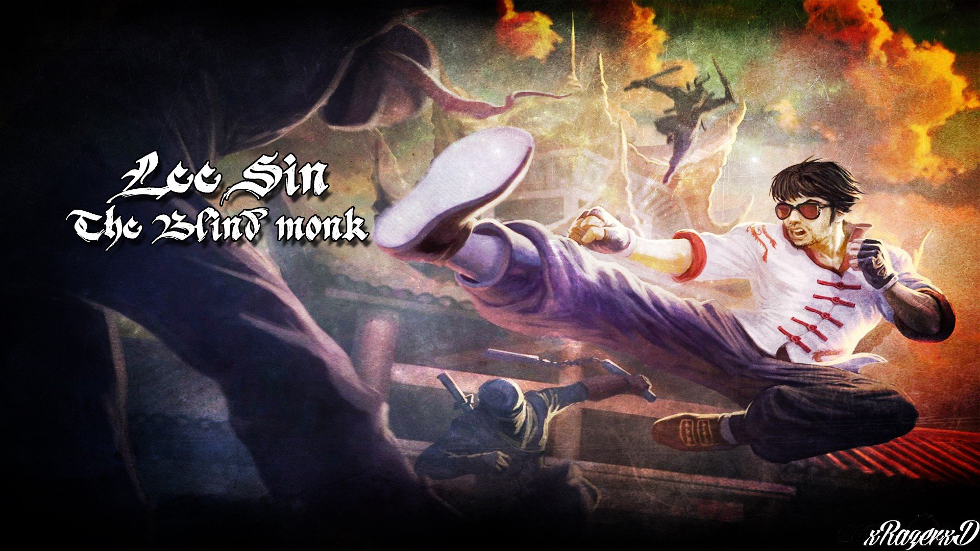 HD PC desktop wallpaper of Lee Sin, the Blind Monk (League of Legends video game): dynamic midair flying kick across a smoky battlefield with stylized logo text and dramatic lighting.