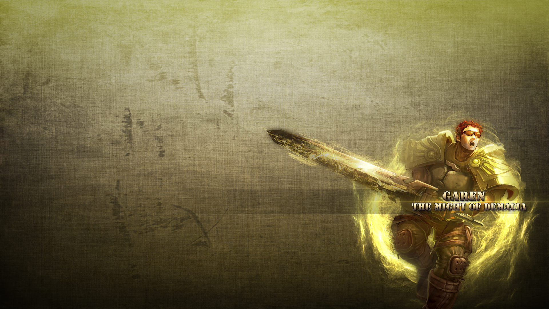 HD PC desktop wallpaper featuring Garen from League of Legends, depicted with his iconic sword and glowing armor against a textured, muted background.