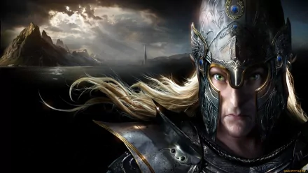 A detailed HD fantasy warrior with flowing blonde hair and ornate helmet against a dark, stormy landscape, designed as a dramatic PC desktop wallpaper.