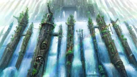 A fantastical building rises amidst towering, overgrown pillars, surrounded by cascading waterfalls. This vibrant HD wallpaper captivates with its enchanting landscape.