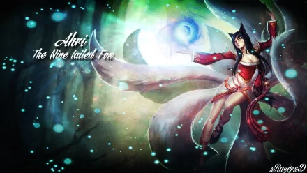 HD PC desktop wallpaper of Ahri, the Nine-Tailed Fox from the video game League of Legends, summoning a glowing orb amid a magical, starry backdrop.