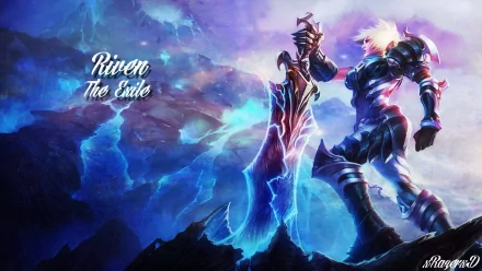 HD desktop wallpaper of Riven from the video game League of Legends, featuring her with a large broken sword against a dark, mountainous background. The text Riven The Exile is displayed prominently.