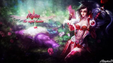 HD PC desktop wallpaper featuring Vayne, the Night Hunter, from the video game League of Legends in a dynamic and colorful fantasy setting.