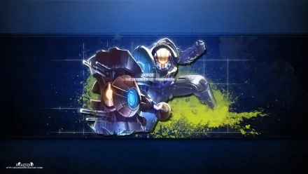 HD PC desktop wallpaper featuring Jayce from the video game League of Legends in an action pose with a blue and yellow abstract background.