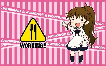HD anime desktop wallpaper from Working!!: chibi waitress in a maid uniform waving beside a yellow caution sign with fork-and-knife and WORKING!! on a pink striped background.