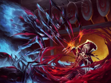 A captivating HD wallpaper featuring Elise and Vladimir from League of Legends, showcasing their intense confrontation amidst a dramatic, colorful background.